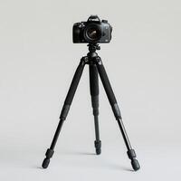 Camera tripod studio setup, neutral background photo
