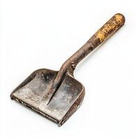 Rusty shovel, studio shot, white background, aged photo