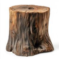 Rustic wooden stump stool, white background photo