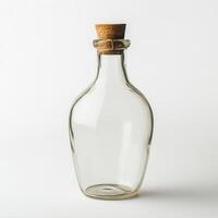 Empty glass bottle, cork stopper, white background, studio shot, product display photo