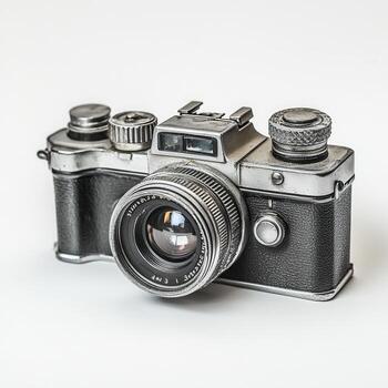 Vintage camera studio shot, white background, nostalgia photo