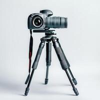 DSLR camera tripod studio shot, white backdrop photo
