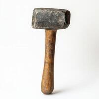 Stone hammer, wooden handle, white background, tool photo