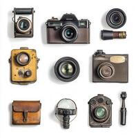 Vintage cameras, lenses, studio, white background, history photo