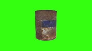Rusty metal barrel with blue stripe against green background in 3D rendering video