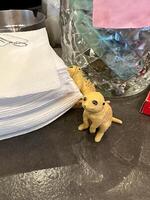 Small meerkat figurines sitting beside folded napkins on a cafe counter. A charming detail adds personality to a casual coffee shop setting photo