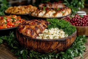 Grilled chicken breast with rice and parsley in a wooden bowl photo
