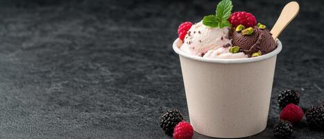Delicious scoops of chocolate and vanilla ice cream with fresh raspberries and pistachios photo