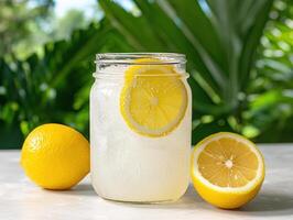 Refreshing homemade lemonade in a mason jar with ice and lemon slices photo
