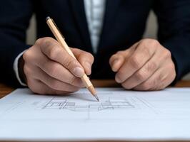 Architect reviewing blueprints and making notes photo