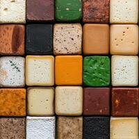 A colorful collection of cheese cubes arranged in a grid pattern photo
