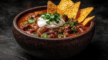 A hearty bowl of chili topped with sour cream and tortilla chips photo