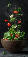 Fresh green salad with tomatoes and cheese in a rustic bowl photo
