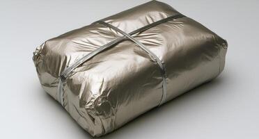 Metallic package wrapped in silver foil and tied with wire photo