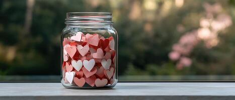 Mason jar filled with paper hearts on windowsill photo