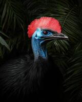 Close up portrait of a cassowary in a lush rainforest setting photo