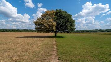 Half dead tree in a field, split by a path photo