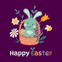 Easter bunny sits in a wicker basket with colorful Easter eggs on a background of flowers. vector