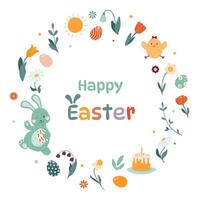 Happy Easter greeting card. Smiling rabbit holds an Easter egg in his paw and waves. vector
