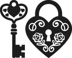Elegant Heart-Shaped Lock and Key with Romantic Floral Patterns - Valentine's Day Illustration vector