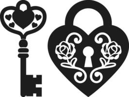 Heart-Shaped Key and Lock Silhouette with Romantic Floral Design vector