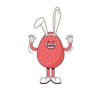 Groovy Retro cartoon character easter egg with bunny ears. Flat illustration of standing character wearing gloves vector