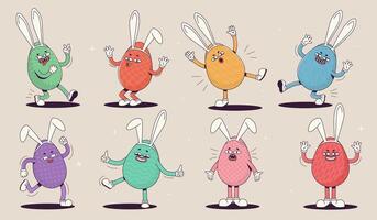 Set of groovy retro easter egg characters with 80s patterns wearing gloves in different poses and emotions. Multicolored flat Characters isolated for stickers, posters, invitations, prints. vector