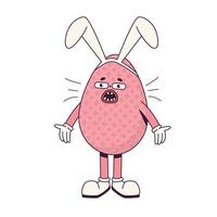 Groovy Retro cartoon character easter egg with bunny ears. Flat illustration of a surprised character wearing gloves vector