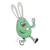 Groovy Retro character easter egg with bunny ears. Flat illustration of a walking character wearing gloves vector