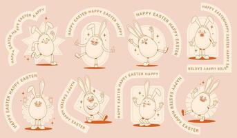 Set of stickers with monochrome groovy retro Easter egg wearing glove characters in different poses and emotions.Flat vintage shapes and ribbons saying happy Easter vector