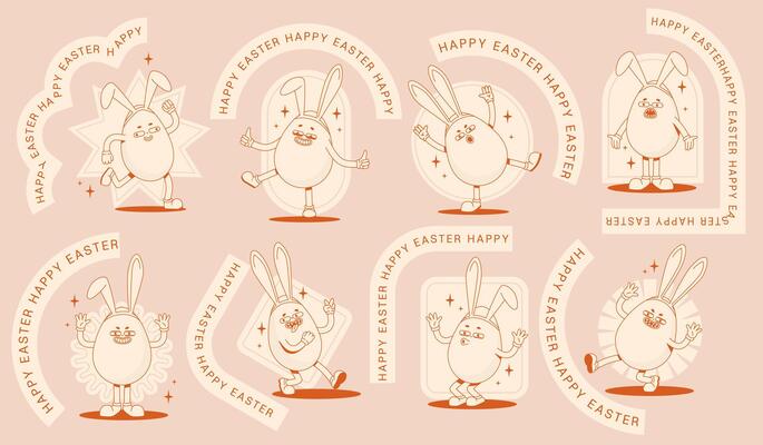 Set of stickers with monochrome groovy retro Easter egg wearing glove characters in different poses and emotions.Flat vintage shapes and ribbons saying happy Easter