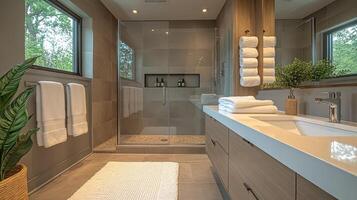 A bathroom with a walk in shower and a sink photo