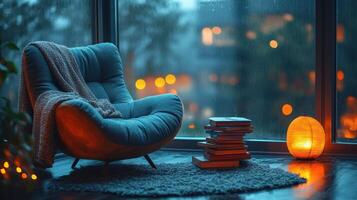 A chair and books are sitting in front of a window photo