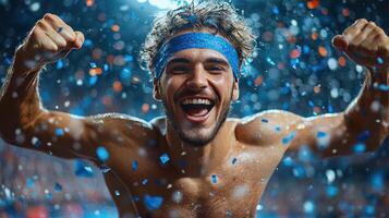 A shirtless man is celebrating in the rain photo