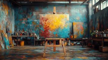 An easel with a painting on it in an empty room photo
