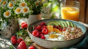 A bowl of fruit and yogurt with a glass of orange juice and a bowl of fresh fruit photo