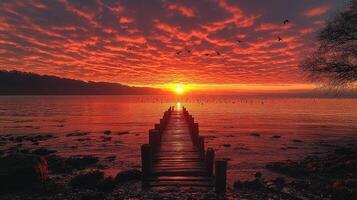 A pier with birds flying over the water at sunset photo
