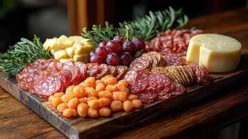 A platter of meat, cheese and fruit on a wooden table photo