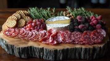 A cheese board with meat, fruit and crackers photo