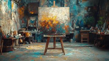 An empty room with an easel and painting supplies photo