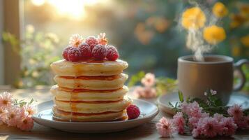 A stack of pancakes with raspberries and syrup photo