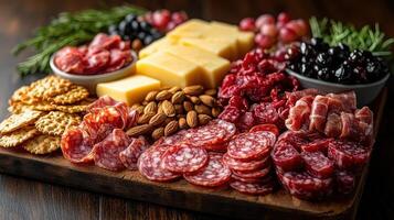 A platter of meat, cheese, nuts and other foods photo