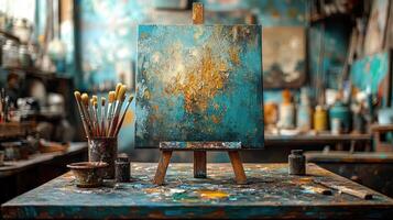 An easel with paint brushes and paint on it photo