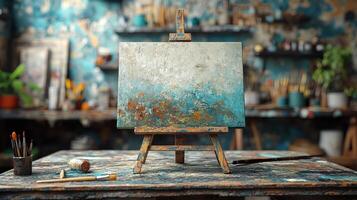 An easel with a painting on it in front of a blue wall photo