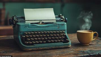 Vintage typewriter and coffee on wooden table photo
