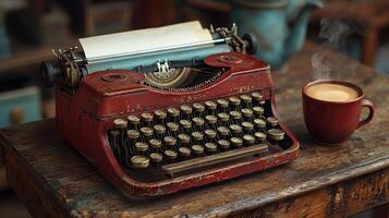 An old typewriter and a cup of coffee on a table photo