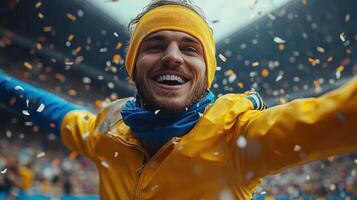 A man in a yellow jacket is smiling while holding up his arms photo