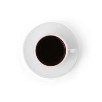 top view of delicious cup of coffee on a saucer on a white background photo
