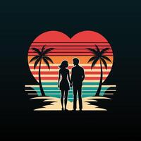 A couple on the beach with palm trees and a heart vector