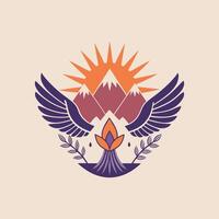 A logo for a mountain lodge with wings and a sun vector